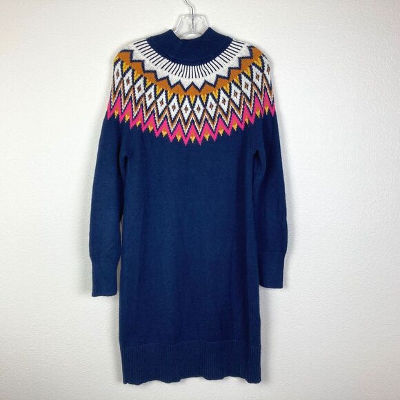 Old Navy Fair Isle Sweater Dress Size S Navy Blue Cotton Blend Mock Neck - Picture 5 of 8